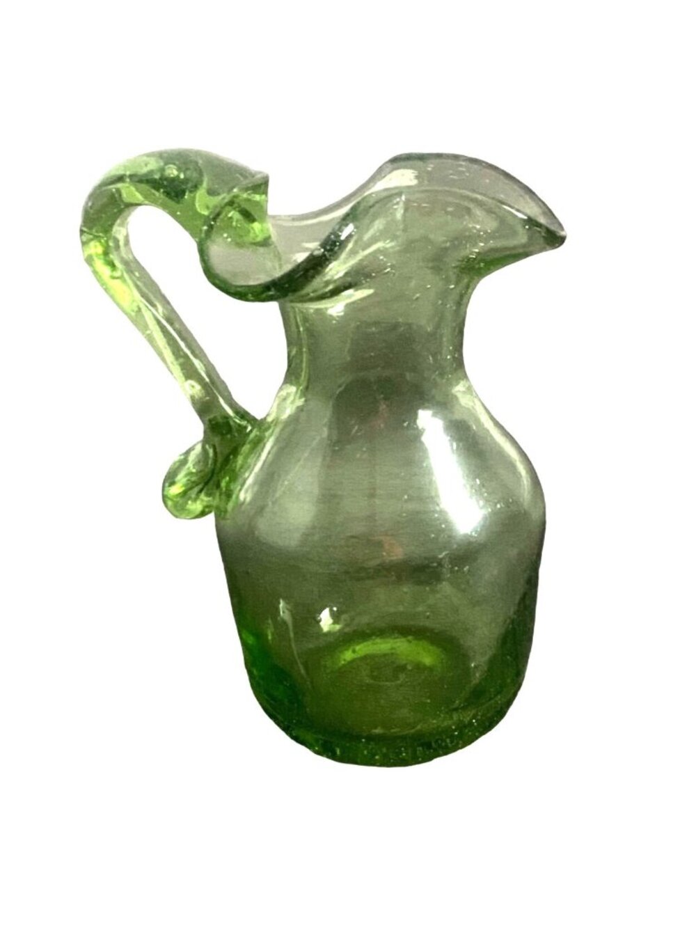 Vintage Small 5" Hand Blown Fancy Green Art Glass Pitcher-Bubble Detail-GUC
